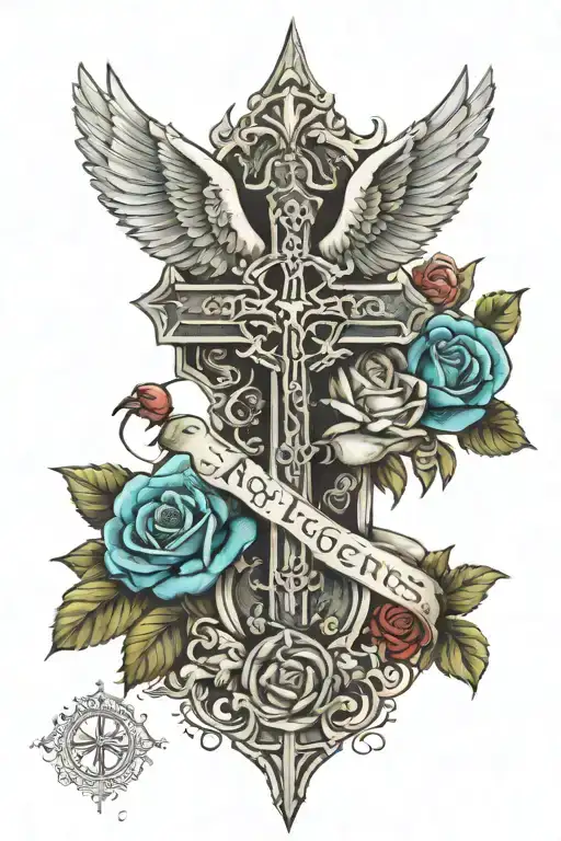cross and heaven on top with dove in the middle and a rose on the bottom and in writing Jagers on the back  tattoo design idea
