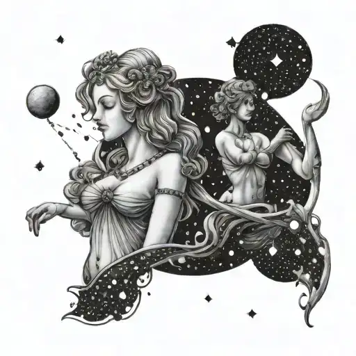 Aphrodite and Libra constellation merged together in a celestial design, emphasizing their connection tattoo design idea