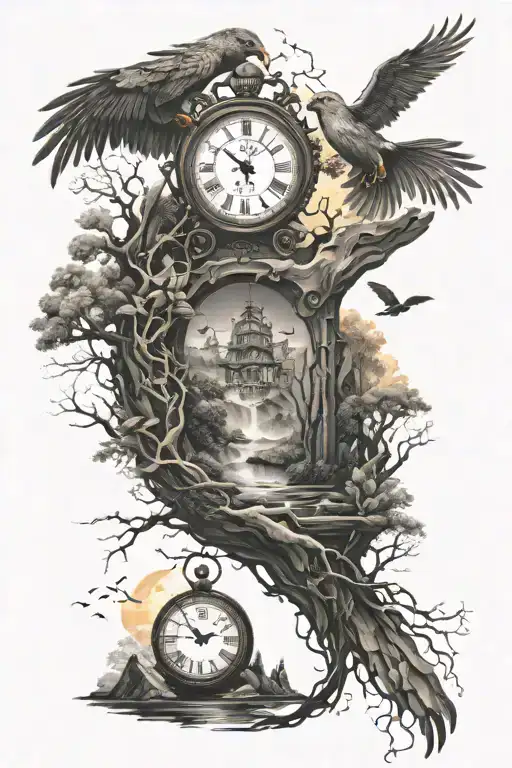 Mountains, trees, bridge, clock, hourglass, Microcircuits and digital elements, software code, phoenix, birds, Sunrise. tattoo design idea