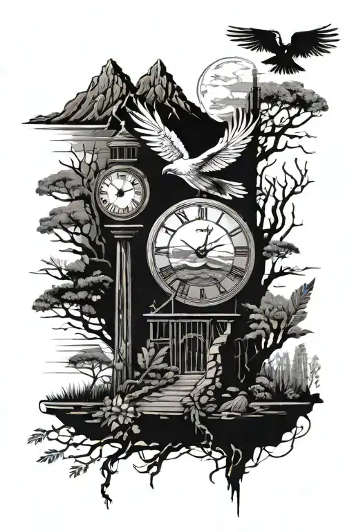 Mountains, trees, bridge, clock, hourglass, Microcircuits and digital elements, software code, phoenix, birds, Sunrise. tattoo design idea