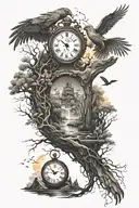 Mountains, trees, bridge, clock, hourglass, Microcircuits and digital elements, software code, phoenix, birds, Sunrise. tattoo design idea