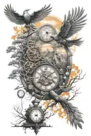 Mountains, trees, bridge, clock, hourglass, Microcircuits and digital elements, software code, phoenix, birds, Sunrise. tattoo design idea
