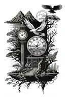Mountains, trees, bridge, clock, hourglass, Microcircuits and digital elements, software code, phoenix, birds, Sunrise. tattoo design idea