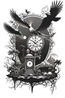 Mountains, trees, bridge, clock, hourglass, Microcircuits and digital elements, software code, phoenix, birds, Sunrise. tattoo design idea