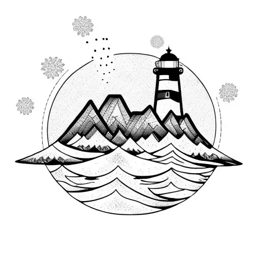 mountain above ocean below with lighthouse tattoo design idea