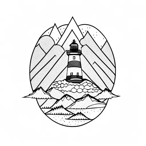 mountain above ocean below with light house  tattoo design idea