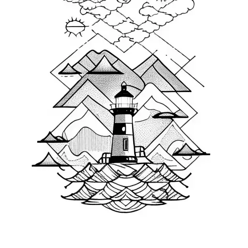 Mountain Ocean Lighthouse tattoo design idea