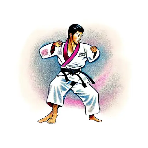 karate competitor in a kimono and a black belt punching to the side tattoo design idea