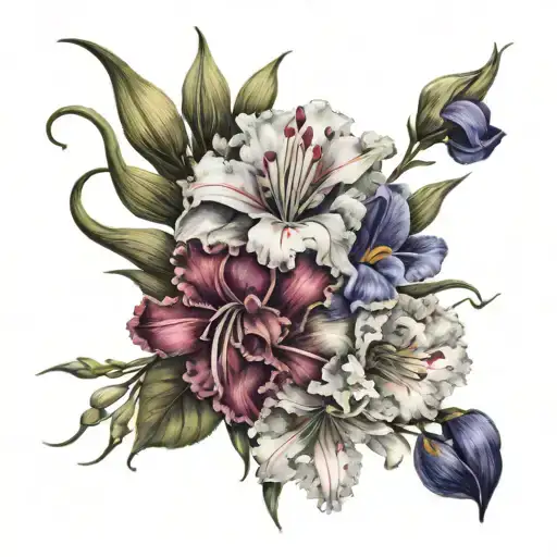 Carnations, irises, roses, lilies tattoo design idea