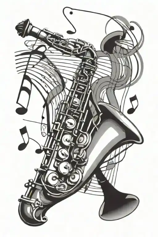 a saxophone dna surrounded by music note intertwined tattoo design idea