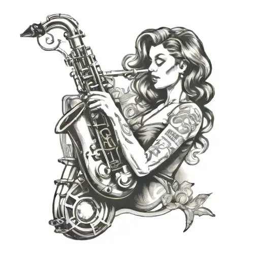 A black-grey tattoo of a sultry babe playing a saxophone on a vintage film reel, with a subtle nod to a composer in the background tattoo design idea
