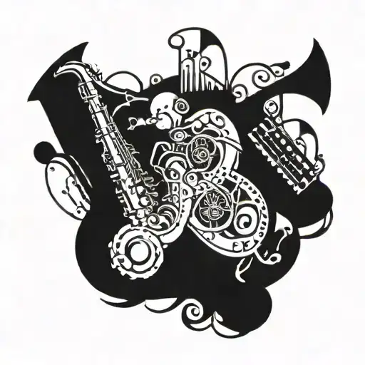 An intricate blackwork tattoo design featuring a saxophone and musical notes intertwined with film reels and a silhouette of a composer conducting an orchestra tattoo design idea