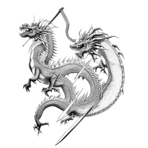 2 Japanese dragons facing each other, a vertical sword separating them with the tails wrapped around the sword tattoo design idea