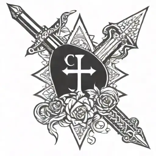 dagger, cross, person, dollar sign tattoo design idea