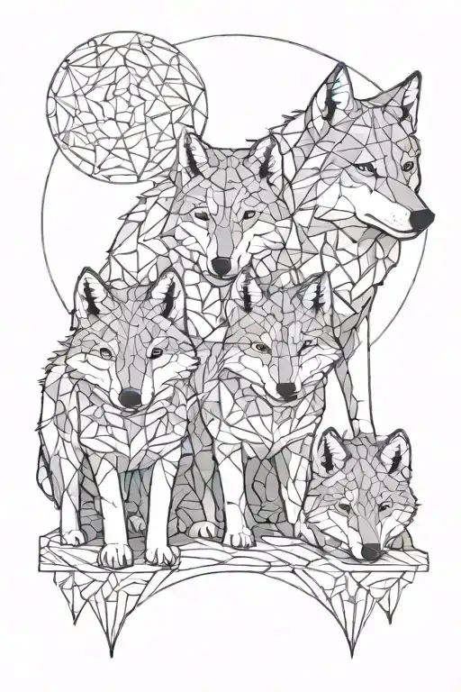 two wolf cubs and the father wolf, forest area, full moon above, lake, wolf cubs in front of the father, geometric shapes tattoo design idea
