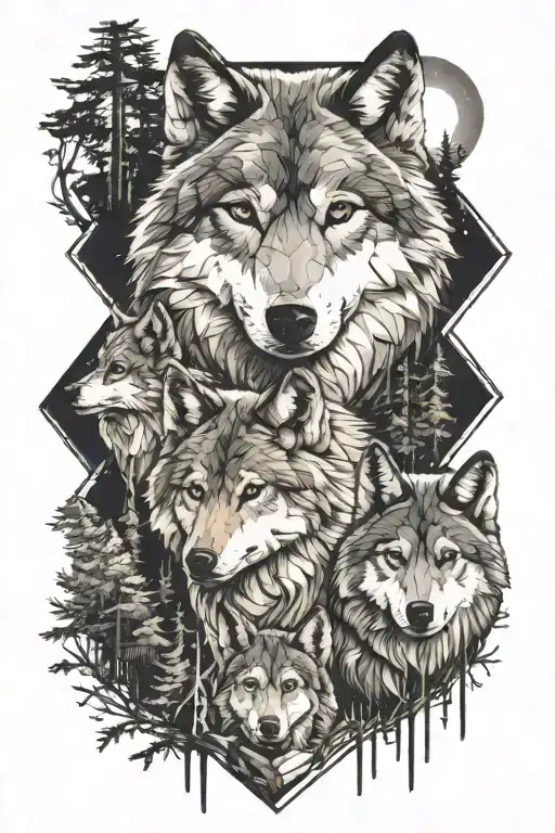 two wolf cubs and the father wolf, forest area, full moon above, lake, wolf cubs in front of the father, geometric shapes tattoo design idea
