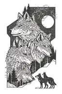 two wolf cubs and the father wolf, forest area, full moon above, lake, wolf cubs in front of the father, geometric shapes tattoo design idea