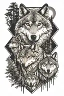 two wolf cubs and the father wolf, forest area, full moon above, lake, wolf cubs in front of the father, geometric shapes tattoo design idea