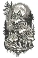 two wolf cubs and the father wolf, forest area, full moon above, lake, wolf cubs in front of the father, geometric shapes tattoo design idea