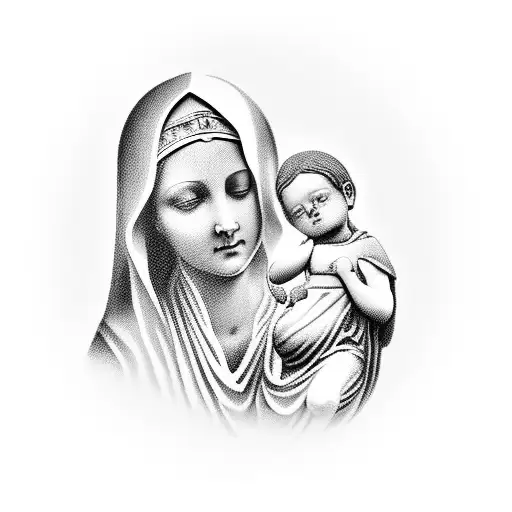 A black-grey tattoo of a marble statue of Mary cradling baby Jesus tattoo design idea
