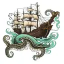 Kraken underwater pulling a ship tattoo design idea