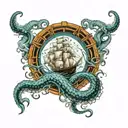 Kraken underwater pulling a ship tattoo design idea