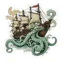 Kraken underwater pulling a ship tattoo design idea