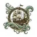 Kraken underwater pulling a ship tattoo design idea
