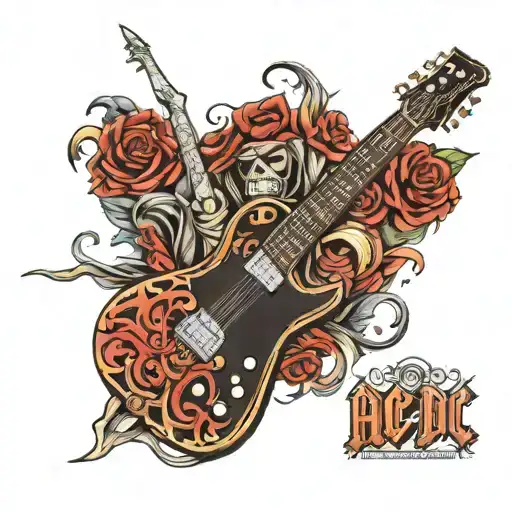 A guitar with intricate designs inspired by AC/DC album covers tattoo design idea