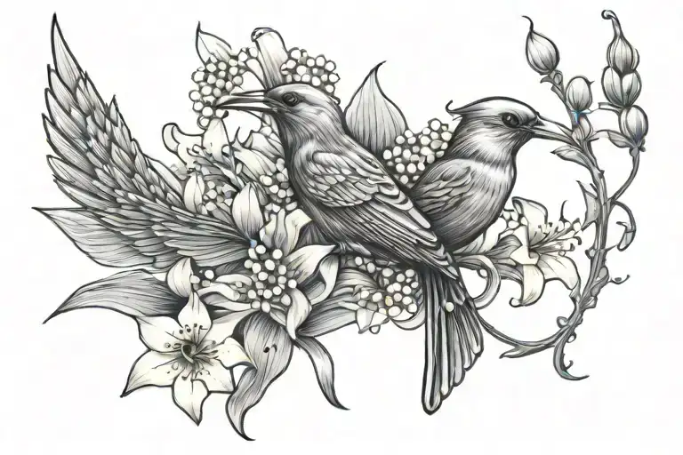 Scissor tail fly catcher bird surrounded by two lily of the valley’s, a daisy, and a rose.  tattoo design idea