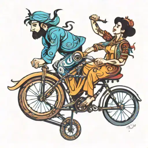 man and woman riding a single bicycle kamasutra style tattoo design idea