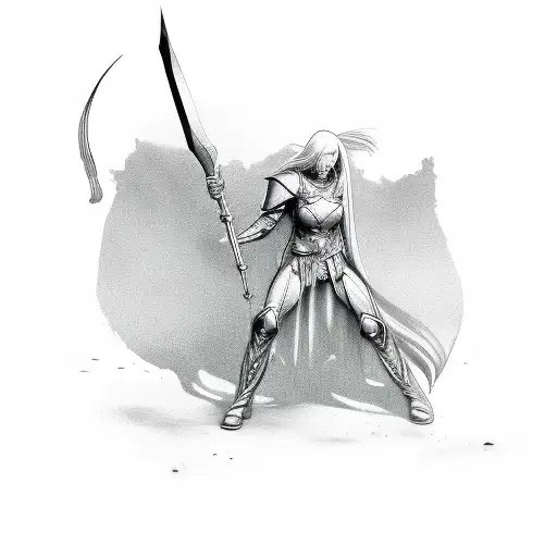 Female holding claymore in her hands; render 8k; tattoo design idea