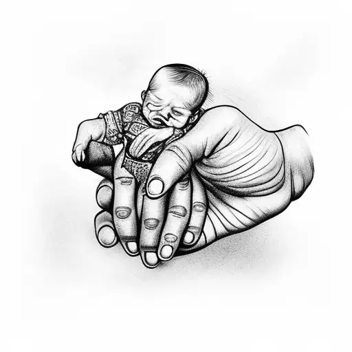 Grandfather's hands holding a baby's hand tattoo design idea