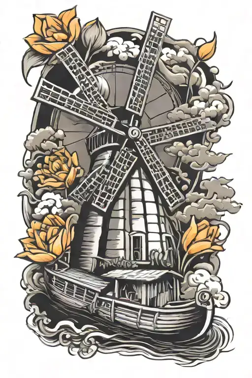 full arm sleeve black and gray tattoo dutch windmill canal clogs cheese wheel orange tulip in the style of M C Escher tattoo design idea