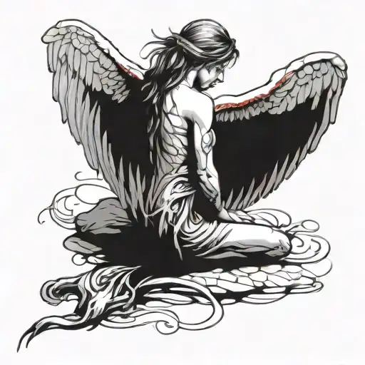 angel kneeling on knees with back facing with cut off wings bleeding stumps with wings laying on the ground  tattoo design idea