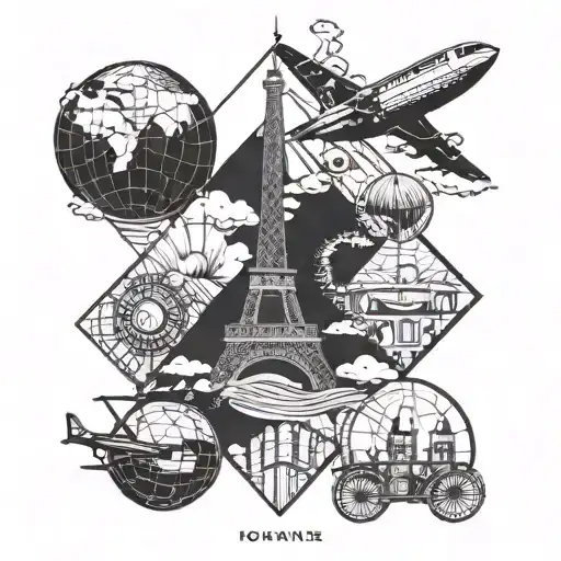 World Travel using symmetry lines and 3 other  small images such as a plane, eiffel tower, and more  tattoo design idea