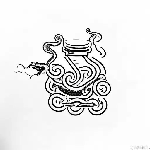 A minimalist tattoo of a Felix Felicis potion bottle with a snake slithering out of it, illustrating the client's fondness for both the magical potion and snakes. tattoo design idea