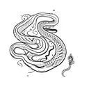 A minimalist tattoo of a Felix Felicis potion bottle with a snake slithering out of it, illustrating the client's fondness for both the magical potion and snakes. tattoo design idea