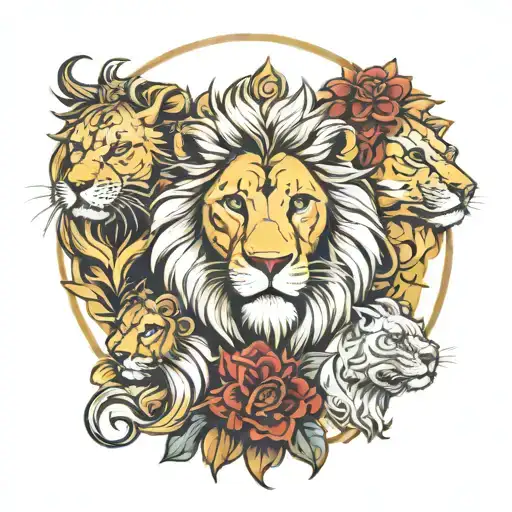 lions around a religious man tattoo design idea