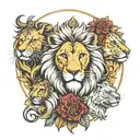 lions around a religious man tattoo design idea