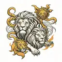 lions around a religious man tattoo design idea