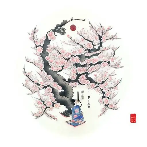 Cherry Blossom with a bit and girl sitting under it tattoo design idea