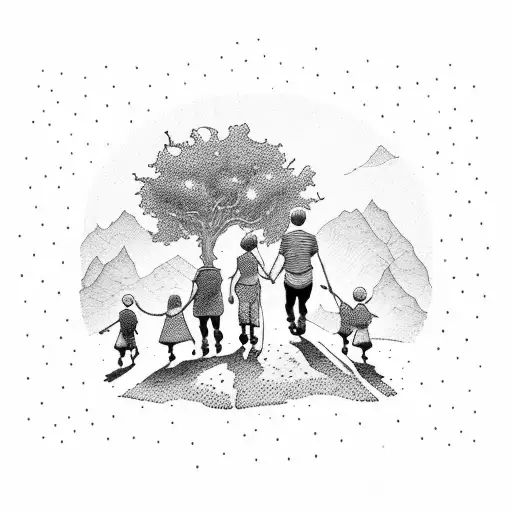 A dotwork design of a family hiking together, with Lewis and Quinn leading the way tattoo design idea
