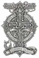 tattoo with praying hands and a memorial name banner and rosary beads and cross tattoo design idea