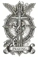 tattoo with praying hands and a memorial name banner and rosary beads and cross tattoo design idea