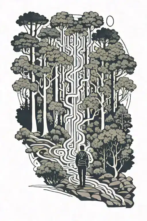 a man stands in a forest facing a fork in the road. two other equally worn in a forest.  tattoo design idea