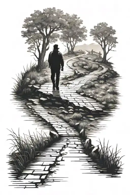 a shadow of a man standing. At a fork in the road. he stands there contemplating which path to take  tattoo design idea