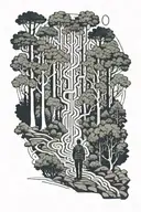 a man stands in a forest facing a fork in the road. two other equally worn in a forest.  tattoo design idea