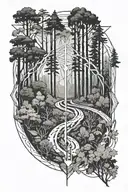 a man stands in a forest facing a fork in the road. two other equally worn in a forest.  tattoo design idea
