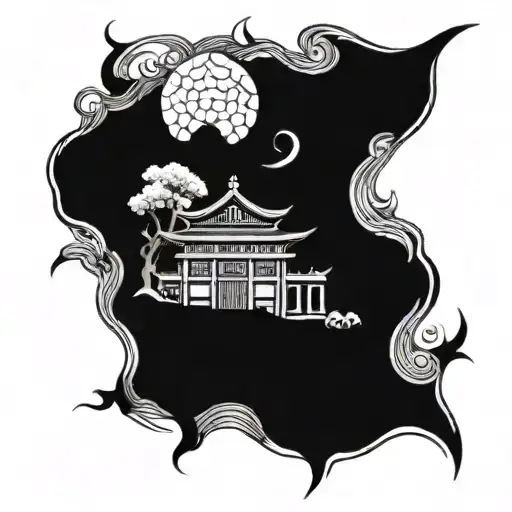 A detailed blackwork tattoo of a traditional Japanese temple with Christian symbols incorporated into the design tattoo design idea